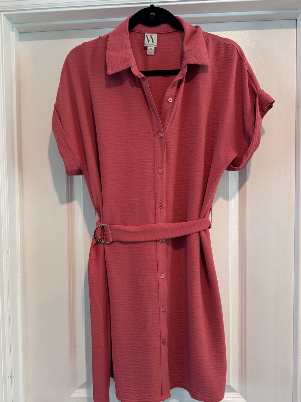 Dusty Rose Button-Front Shirt Dress with Belt